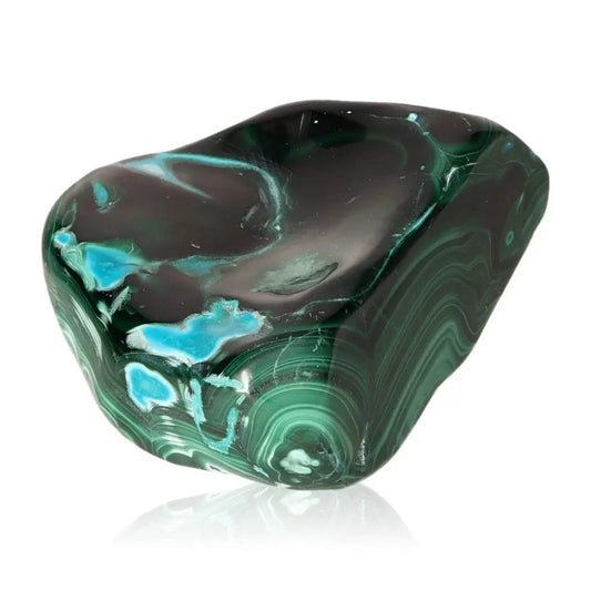 Blue Chrysocolla with Malachite gemstone, known for calming and transformation, ideal for crystal collectors and healers seeking balance.