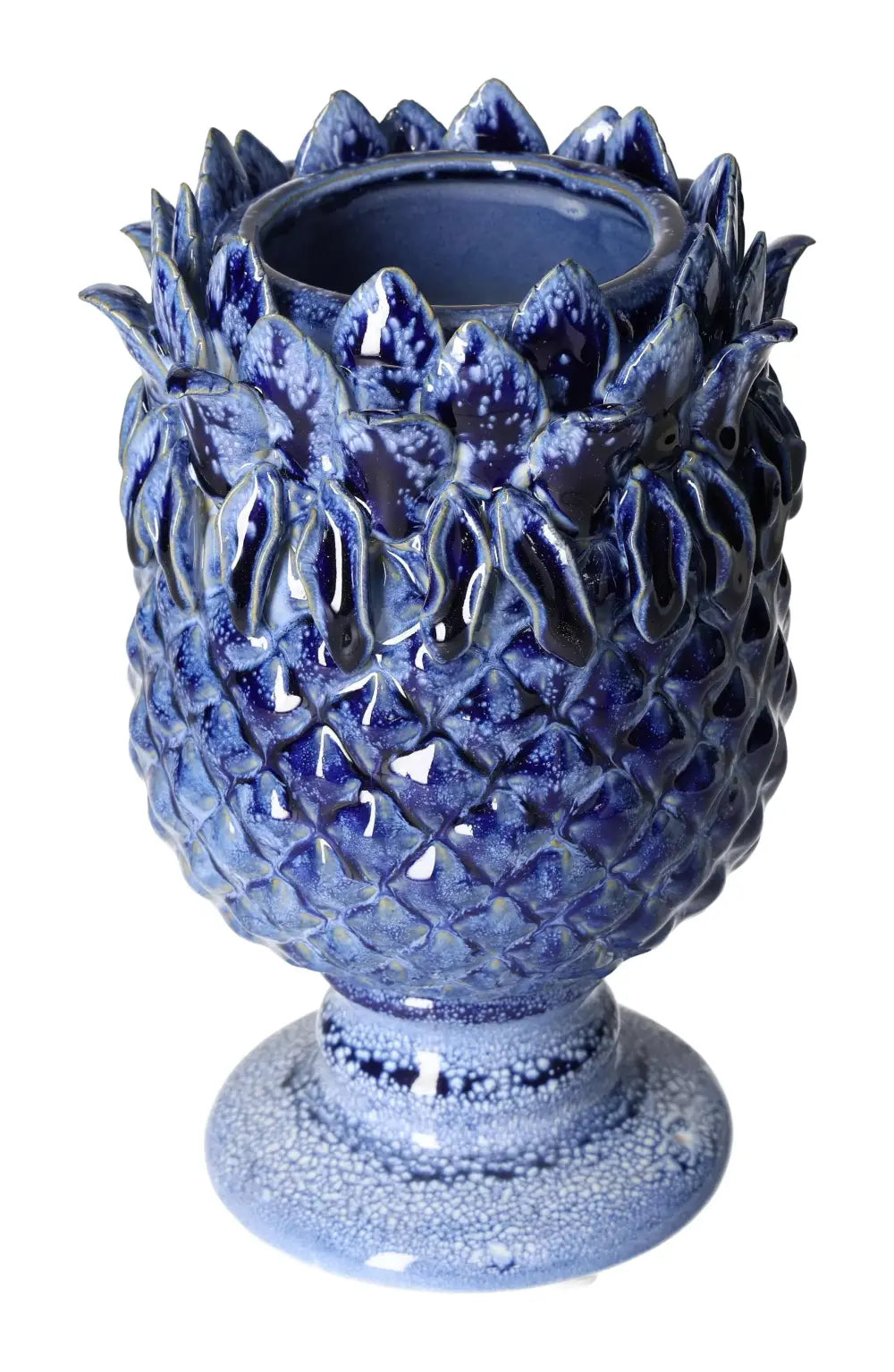 Elegant blue stoneware vase with a textured, intricate design by Sylvia Crystals, measuring 14x14x22 cm. Perfect for luxury decor.