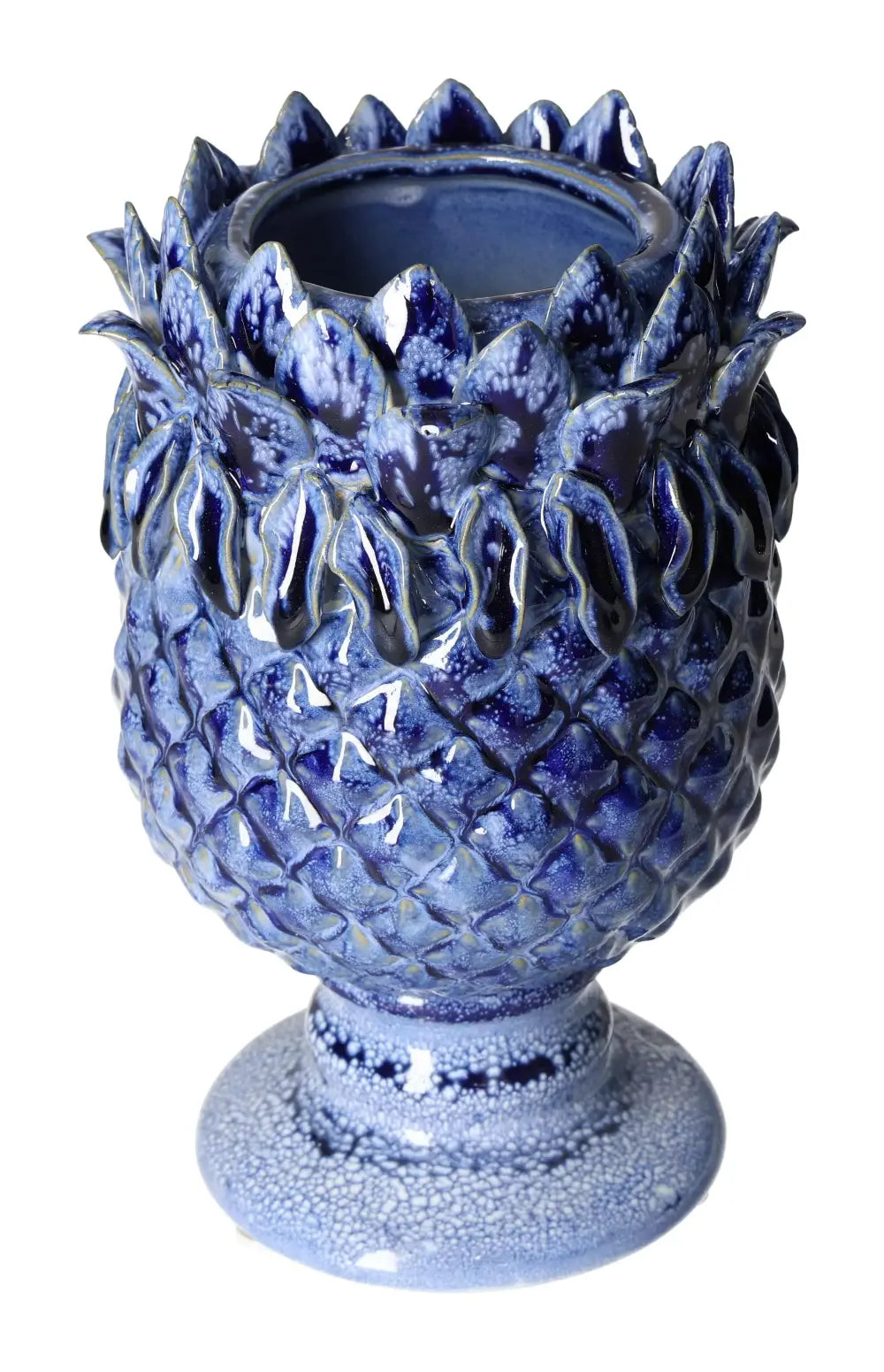 Elegant blue stoneware vase with intricate carvings, 14x14x22 cm, symbolizes luxury and contemporary design by Sylvia Crystals.