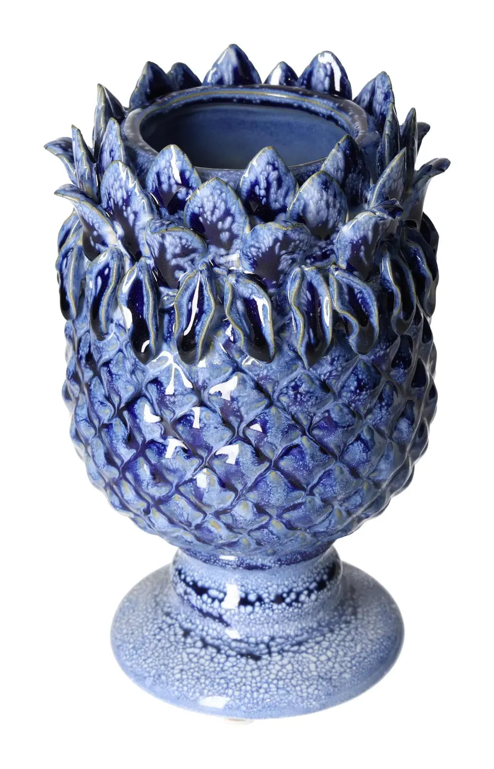 Blue stoneware vase 14x14x22 cm with intricate design by Sylvia Crystals, showcasing luxury and contemporary elegance.