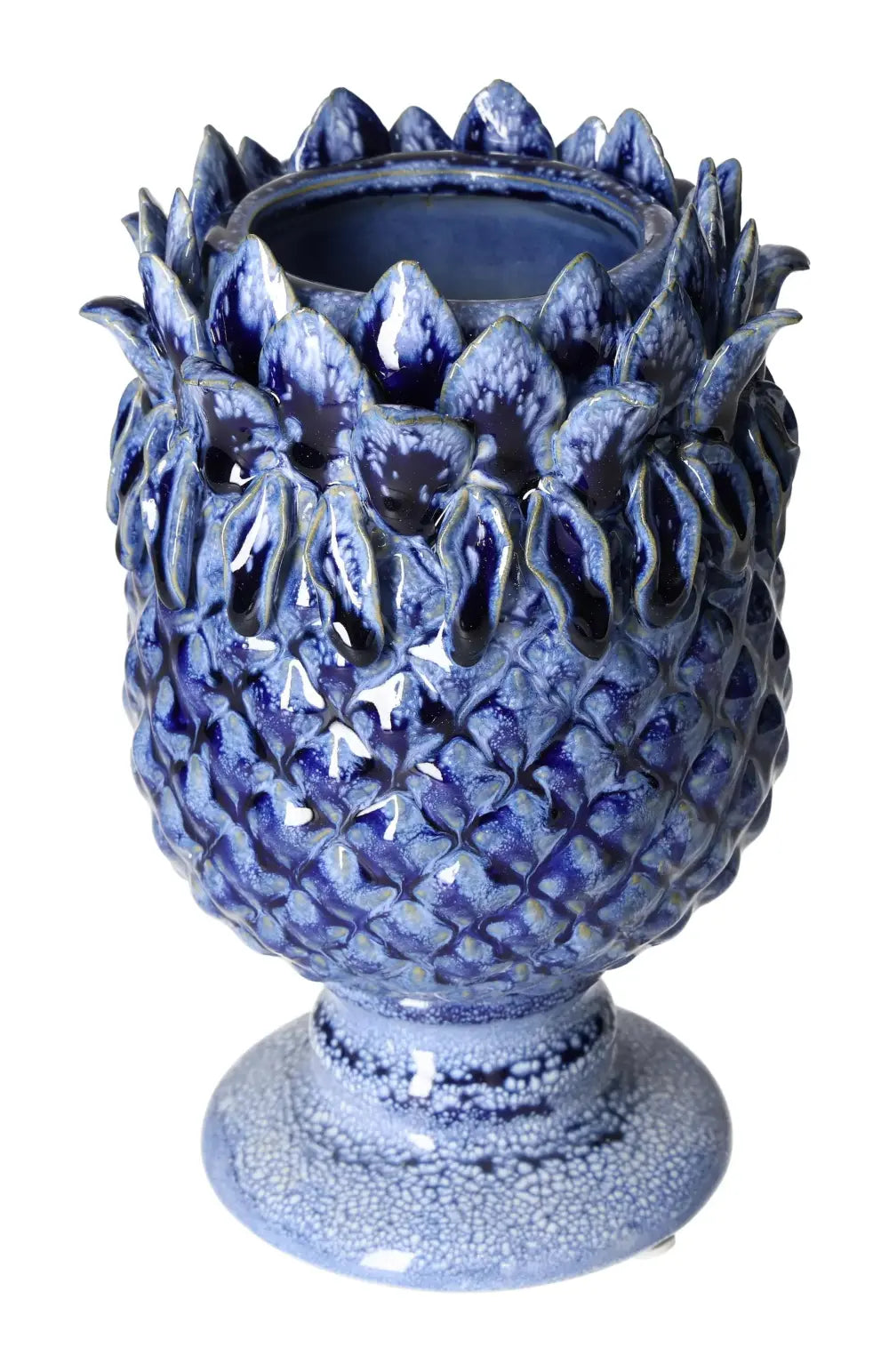 Elegant blue stoneware vase with intricate design, measuring 14x14x22 cm, embodying luxury and contemporary style by Sylvia Crystals.