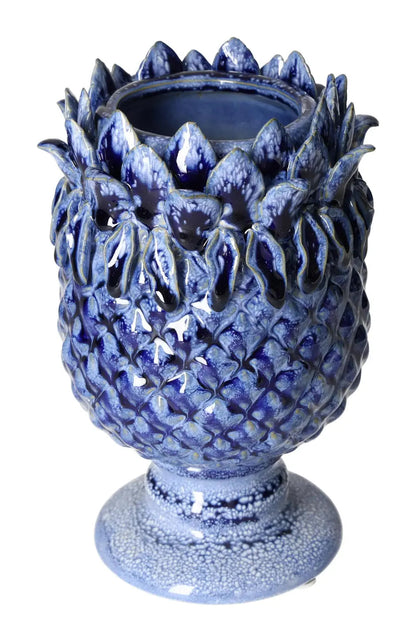 Elegant blue stoneware vase with intricate design, measuring 14x14x22 cm, embodying luxury and contemporary style by Sylvia Crystals.