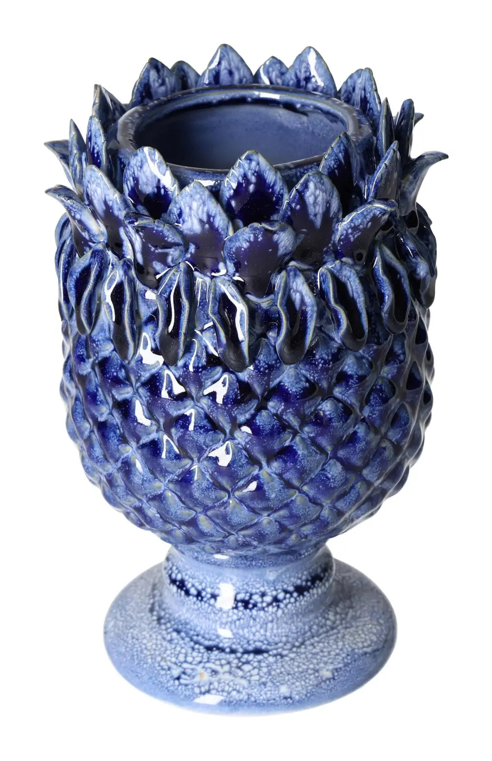 Exquisite blue stoneware vase with intricate design, measuring 14x14x22 cm, reflecting luxury and contemporary elegance