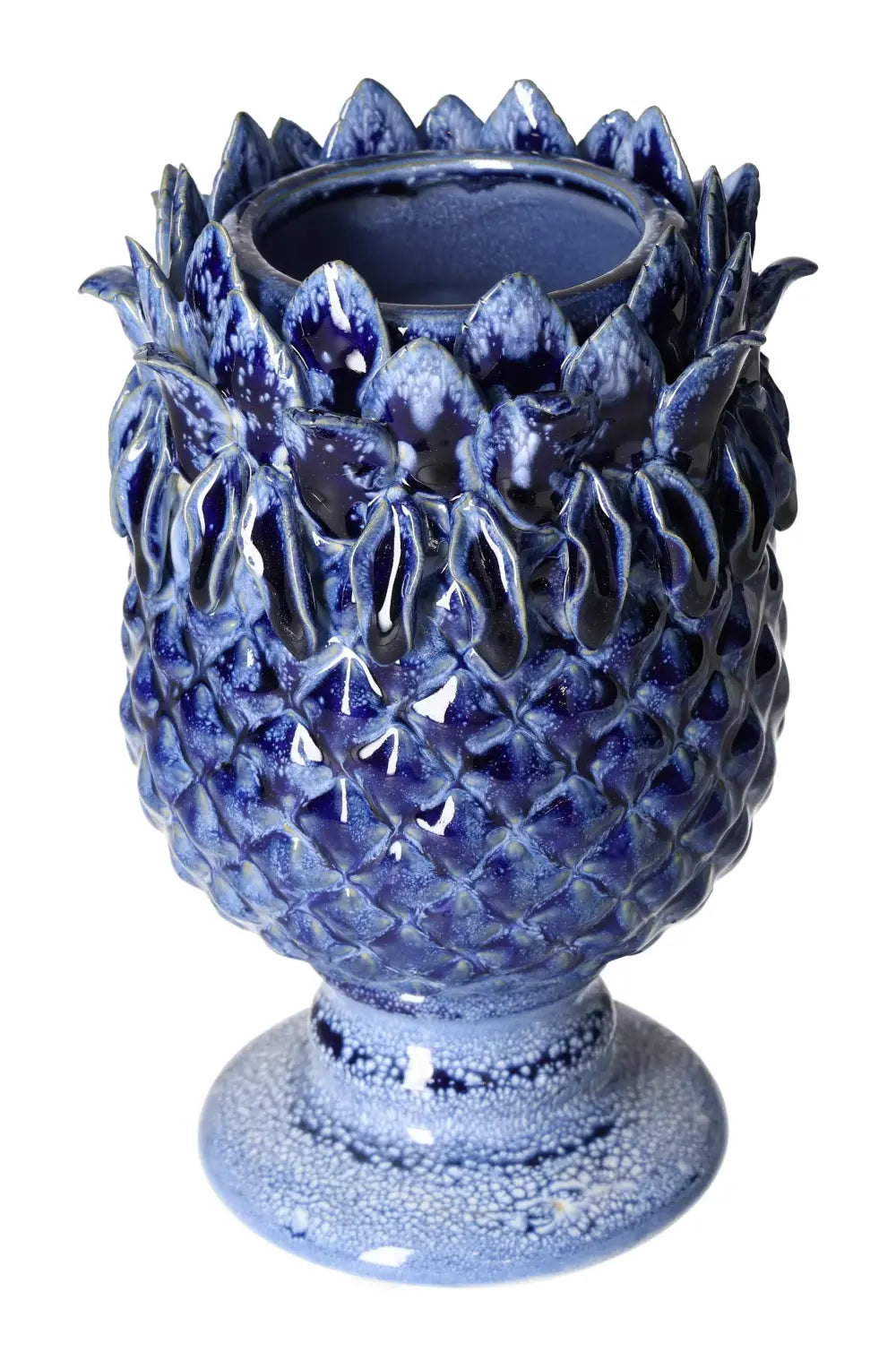 "Luxurious blue stoneware vase with intricate design, measuring 14x14x22 cm, reflecting fine craftsmanship and elegance."