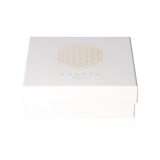 Elegant white box with a gold mandala design and Sylvia Crystals branding, ideal for storage or gift packaging.