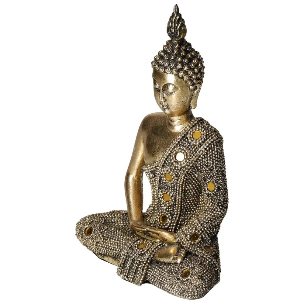 Elegant Buddha home decor statue adorned with crystals, reflecting luxury and spirituality for a serene living space.