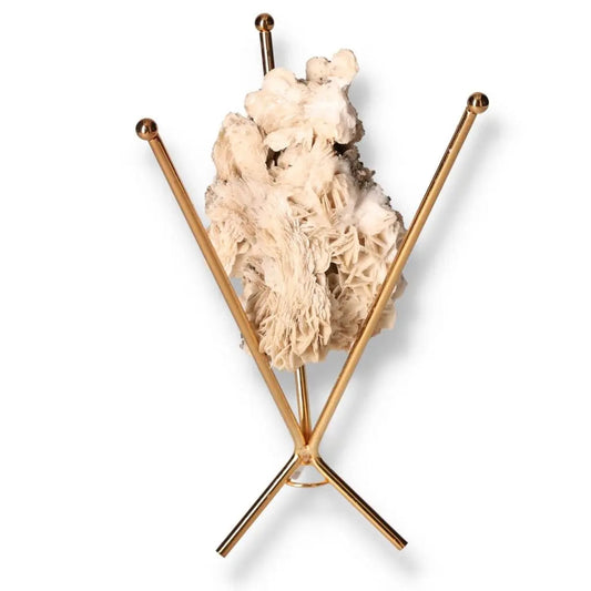 Premium Calcite crystal on elegant gold stand, enhancing decor and personal growth with Sylvia Crystals exclusive mineral.
