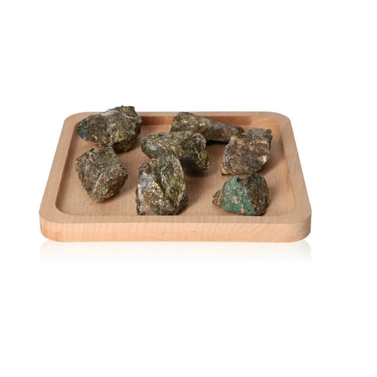 Wooden tray displaying a set of raw mineral stones, showcasing natural earthy textures and colors, ideal for collectors or geology enthusiasts.