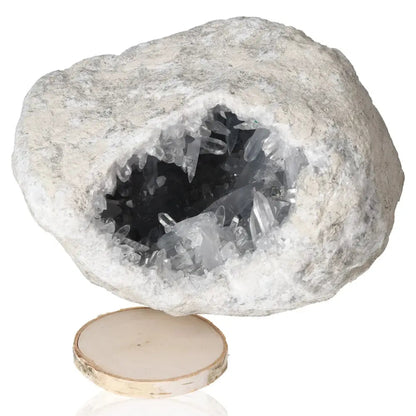 Celestite crystal geode displaying tranquil hues and spiritual properties with serene energy for peace and harmony.
