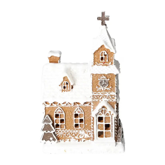 Gingerbread church with intricate icing details, featuring LED lighting powered by 3xAAA batteries. Made of poly material.