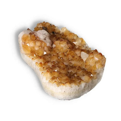 Citrine Druze with Calcite gemstone showcasing vibrant yellow hues and crystalline structure, available at Sylvia Crystals.