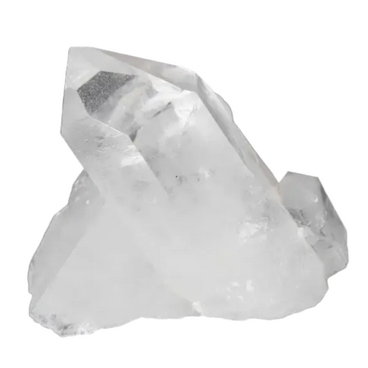 Clear Quartz Cluster on black background showcasing natural crystal points and clarity.