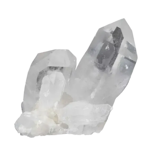 Clear Quartz Cluster on black background with multiple crystal points, amplifying energy and radiating clarity.