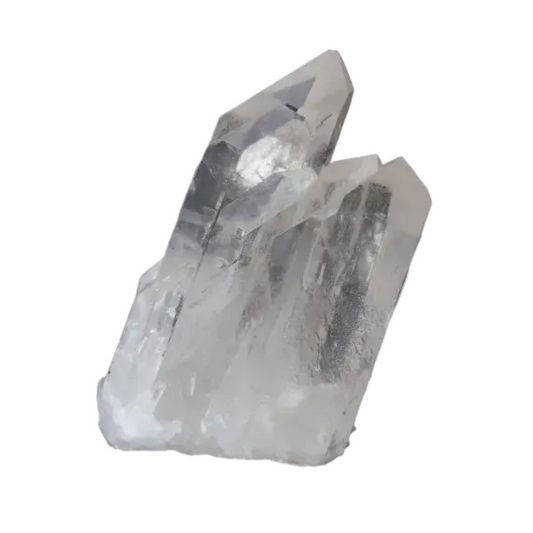 Clear Quartz Cluster radiating pure energy with multiple crystal points against a dark background.
