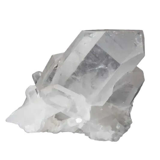 Clear Quartz Cluster with multiple crystal points on a dark background, radiating light and high vibrational energy.