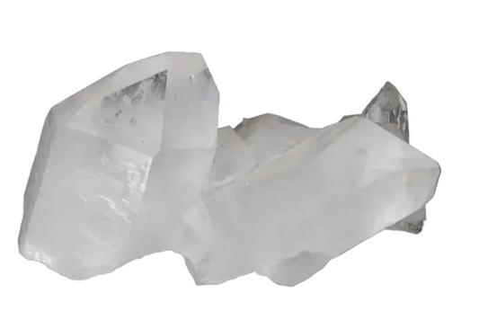 Clear quartz cluster on dark background, showcasing multiple crystal points forming a natural formation for energy amplification and purification.