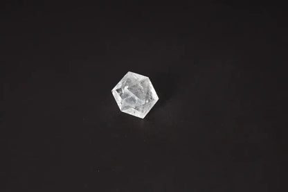 Clear Quartz Geometric Sphere 3 cm on black background, used for harmonizing body and mind, absorbing negative energy, and electromagnetic neutralization.