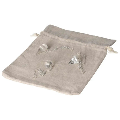 Clear Quartz Pendulum for energy purification and negative vibration neutralization on a soft cloth bag.