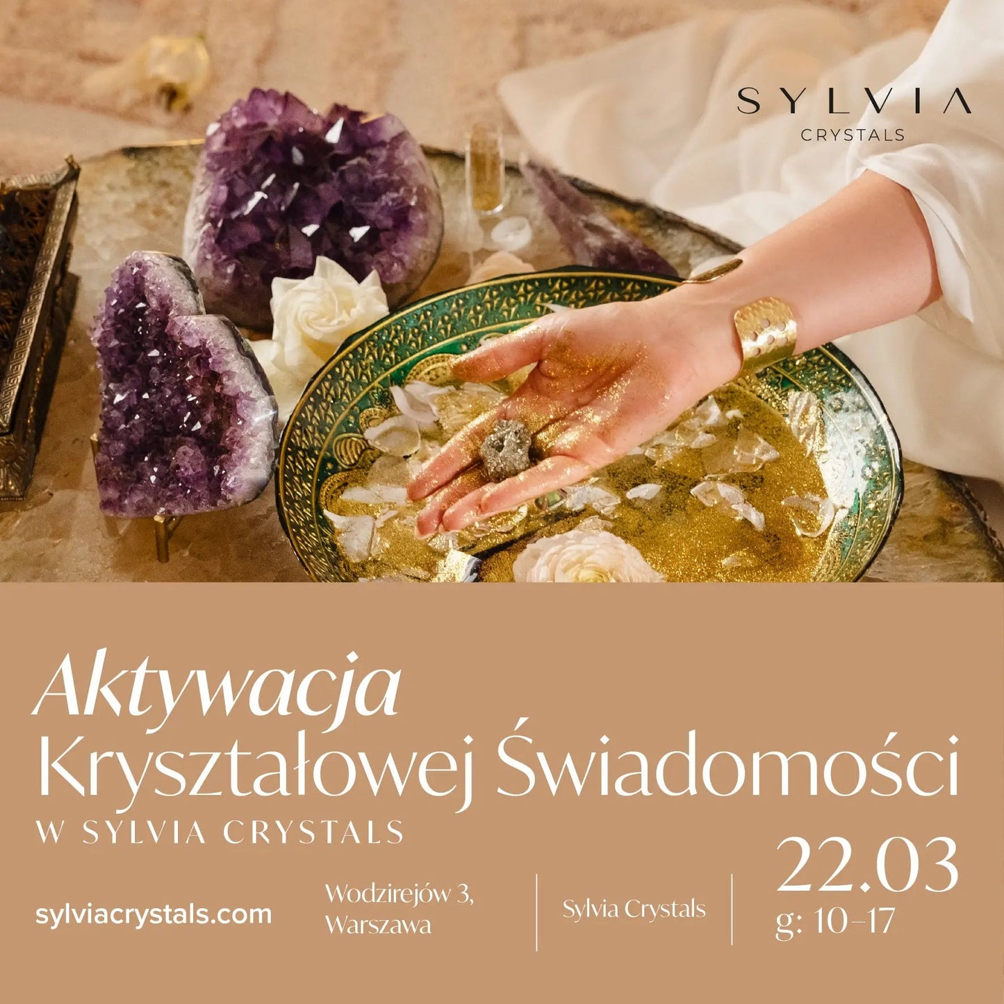 Hand spreading golden sand beside crystal formations at Sylvia Crystals Showroom, promoting Crystal Consciousness Activation Workshop.