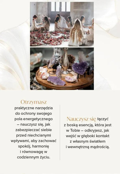 Group meditating in crystal workshop; crystals displayed on a wooden table. Text about energy protection and divine essence connection.