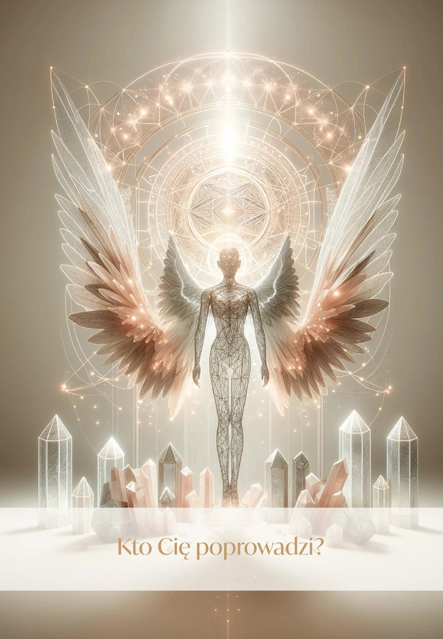 Ethereal figure with wings amidst crystals, representing spiritual awakening and transformation in a mystical setting.