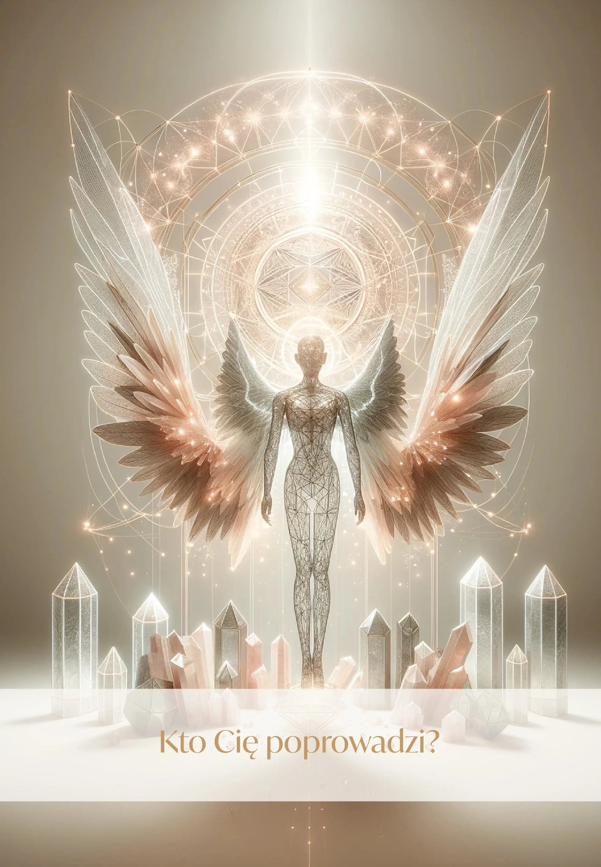 Ethereal figure with wings amidst crystals, representing spiritual awakening and transformation in a mystical setting.