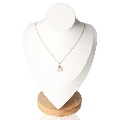 Rose Quartz necklace on display stand, part of Friendship Crystal Necklace Set of 3, symbolizing love and emotional healing.
