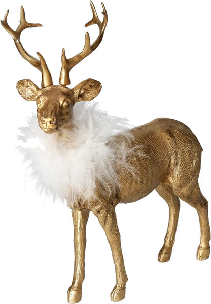 Golden polyresin deer figurine with white feather collar, elegant holiday home decoration, gold antlers and textured body