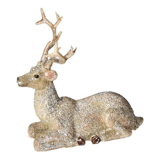 Glittery poly champagne deer sculpture by Sylvia Crystals, embodying elegance and spiritual connection in refined luxury.