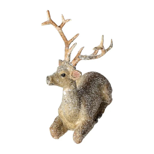 Elegant polyresin deer figurine with glitter detail, showcasing luxury craftsmanship from Sylvia Crystals, in a lying position.