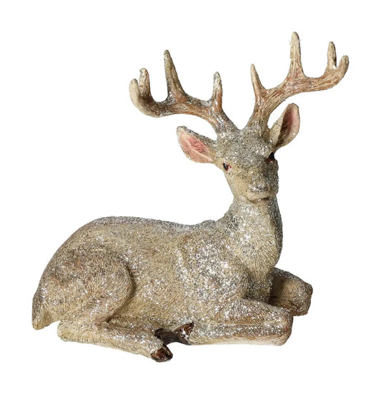 Elegant deer figurine with glitter accents made of poly resin, Sylvia Crystals collection, luxurious champagne color design.