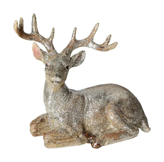 Elegant champagne-colored deer figure with glitter, crafted from poly material, embodies grace and allure from Sylvia Crystals.
