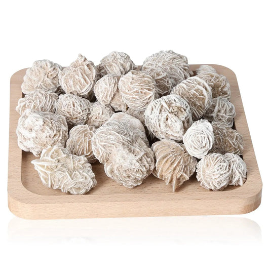 Tray of Moroccan Desert Rose crystals by Sylvia Crystals, featuring unique gypsum and barite formations, ethically sourced and natural.