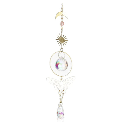 Dreamy Suncatcher-A with a butterfly design and crystal accents, catching light and reflecting colorful prisms, perfect for home decor.