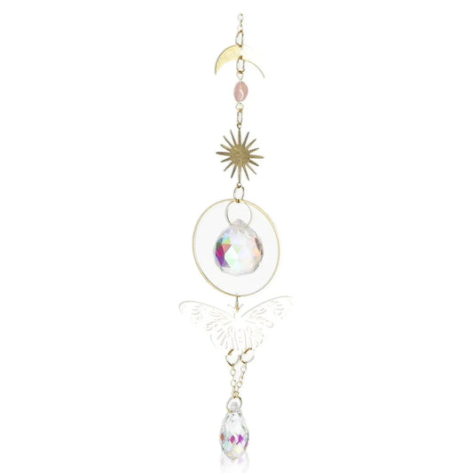 Dreamy Suncatcher-A with a butterfly design and crystal accents, catching light and reflecting colorful prisms, perfect for home decor.