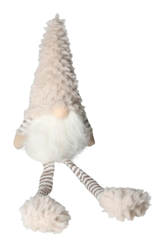 Adorable beige plush gnome with fluffy hat and long striped legs, perfect for festive home decor.