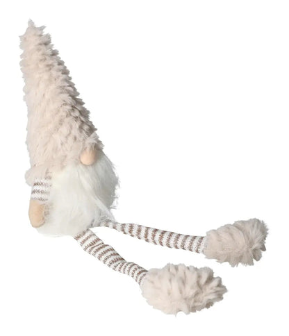 Plush gnome decoration with a fluffy beige hat, striped legs, and fuzzy shoes, perfect for whimsical home decor.