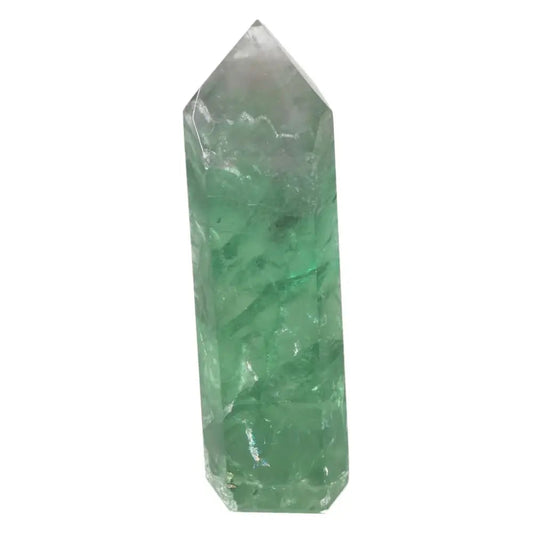 Fluorite Point for focus and clarity featuring vibrant green and purple bands. Enhances concentration and energy flow.