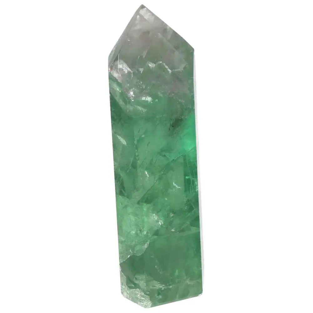 Green Fluorite crystal point for mental clarity, focus, and energy flow balance, promoting intuition and decision-making.