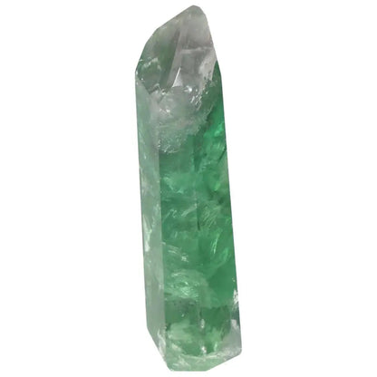 Polished green Fluorite point crystal for focus, clarity, energy flow, featuring vibrant bands of color to enhance concentration and intuition.