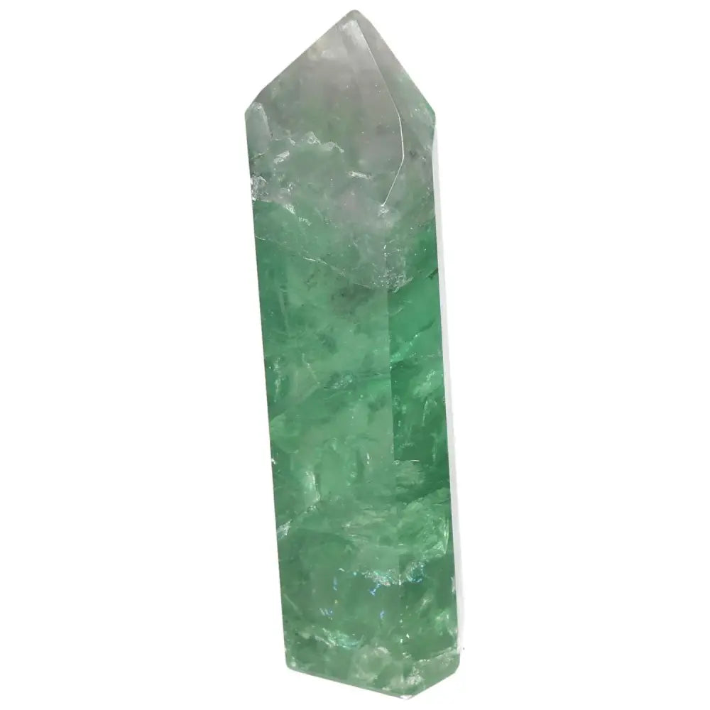 Green Fluorite crystal point for clarity, focus, and energy flow, featuring polished surface with vibrant bands of color.