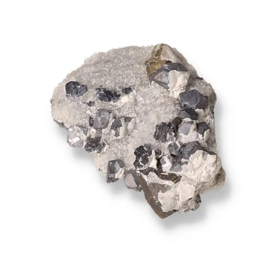 Galena with Quartz Druze featuring metallic luster and translucent crystals, highlighting contrasting textures in mineral collection piece.