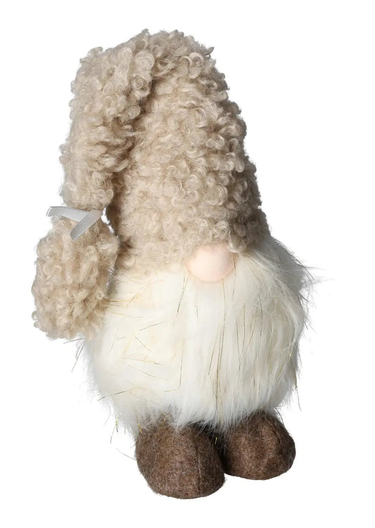 Textile white gnome, fluffy and elegant, handcrafted with premium materials from Sylvia Crystals, embodying art and sophistication.