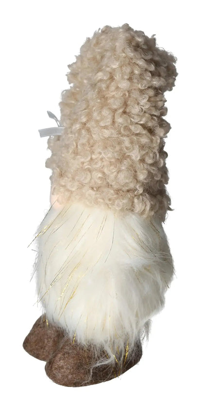 Side view of elegant white textile gnome from Sylvia Crystals, featuring a fluffy hat and delicate details, embodying sophistication.