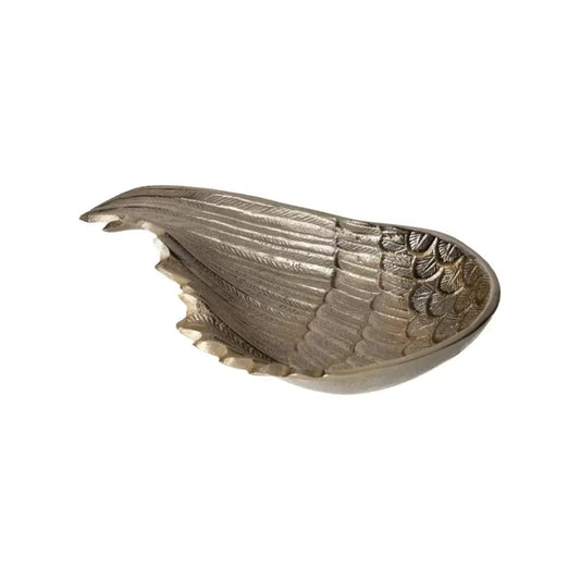 Gold metal angel wing bowl with intricate feather detailing, ideal for home decor or as a unique gift item.