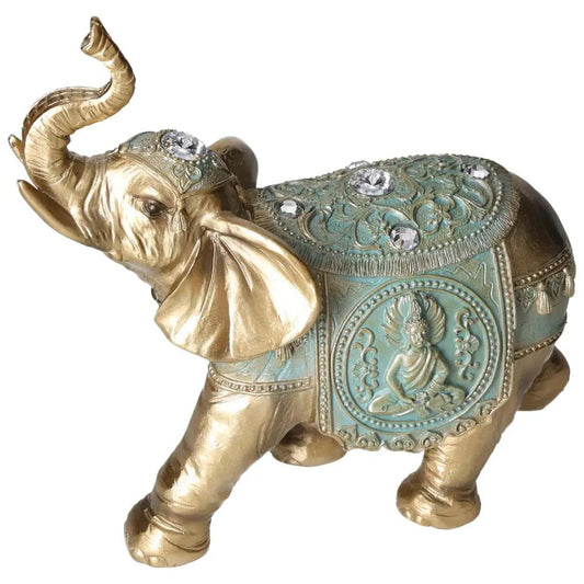 Elegant polyresin elephant statue in gold, adorned with intricate designs, symbolizing luxury and harmony. Perfect for home decor.