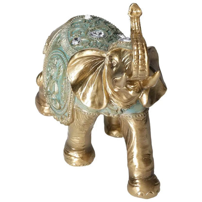 Golden polyresin elephant figurine with crystal accents, symbolizing luxury and harmony. Crafted by Sylvia Crystals.