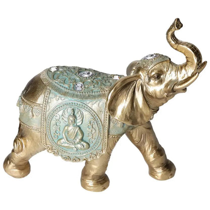 Gold polyresin elephant figurine with ornate designs and Buddha engraving, symbolizing luxury and spiritual harmony.