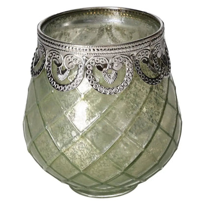 Elegant green glass lantern with intricate silver detailing by Sylvia Crystals, reflecting luxury and nature's harmony.