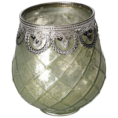 Elegant Green Glass Lantern by Sylvia Crystals with intricate silver detailing for a luxurious and nature-inspired decor.
